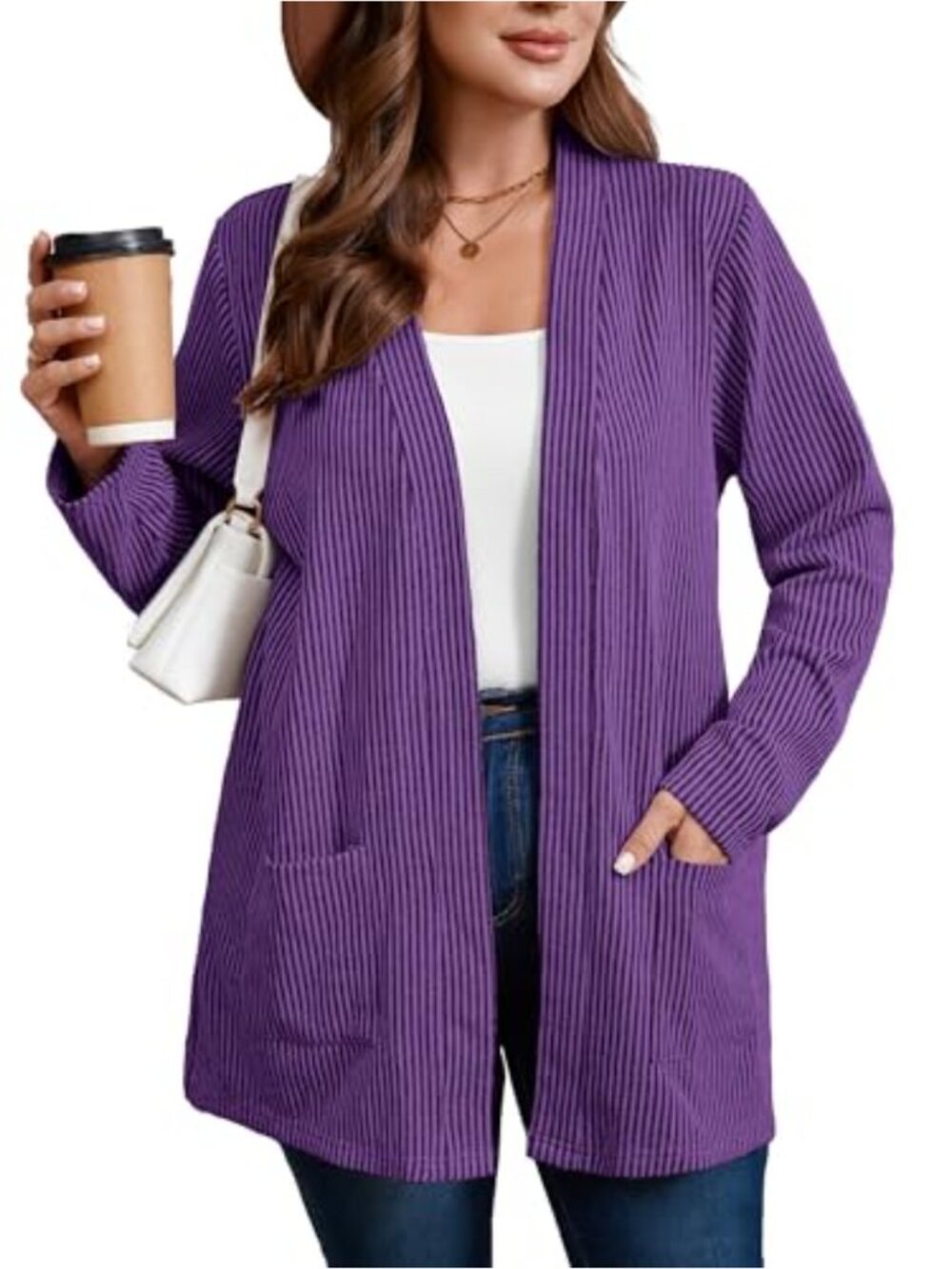 Plus Size Open Front Long Sleeve V Neck Knit Cardigan Sweater Lightweight with